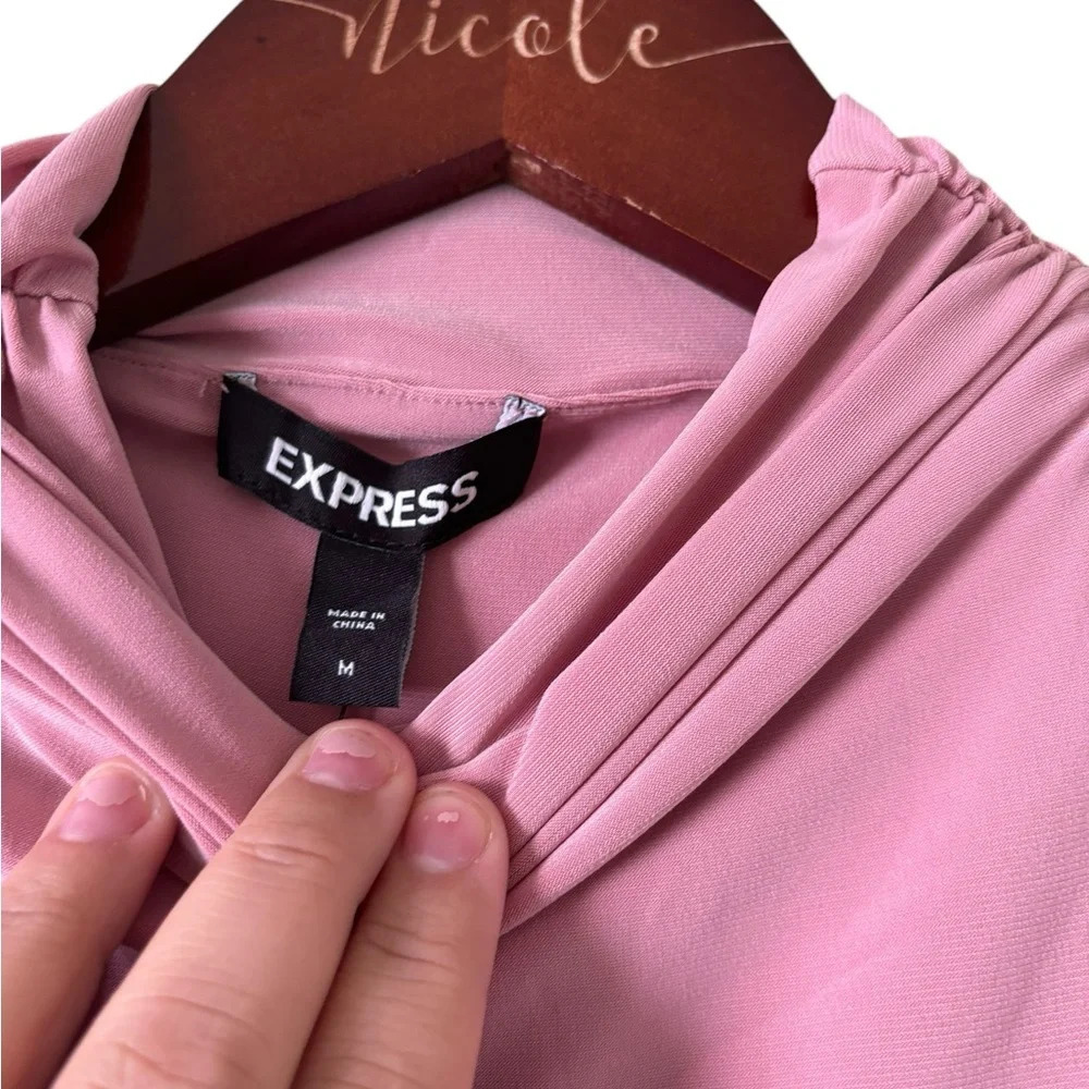 NWT Express Body Contour Mock Neck Ruched Asymmetrical Midi Dress Pink S Medium - Picture 4 of 5